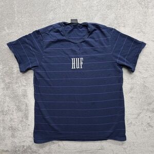HUF Shirt Mens XL Blue Striped Embroidered HUF Logo Tee Cotton Crewneck
